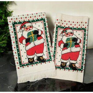 1987 Christmas Dish Towel & Wash Cloth Santa Claus Country Flowers Cannon USA